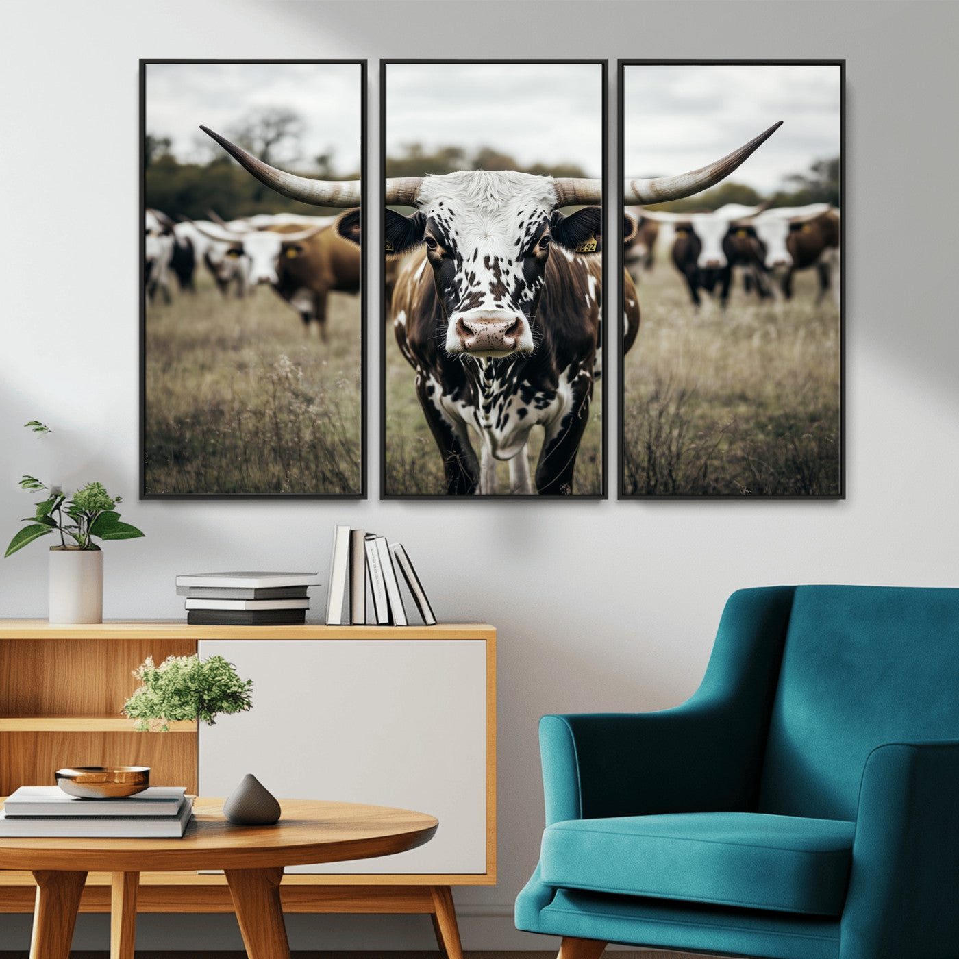 79025945-MGV-CV-36X24-Texas Longhorn Wall Art Canvas Print, Framed Speckled Cow Art Picture Print, Horned Cattle Perfect Rustic Western Decor Artwork