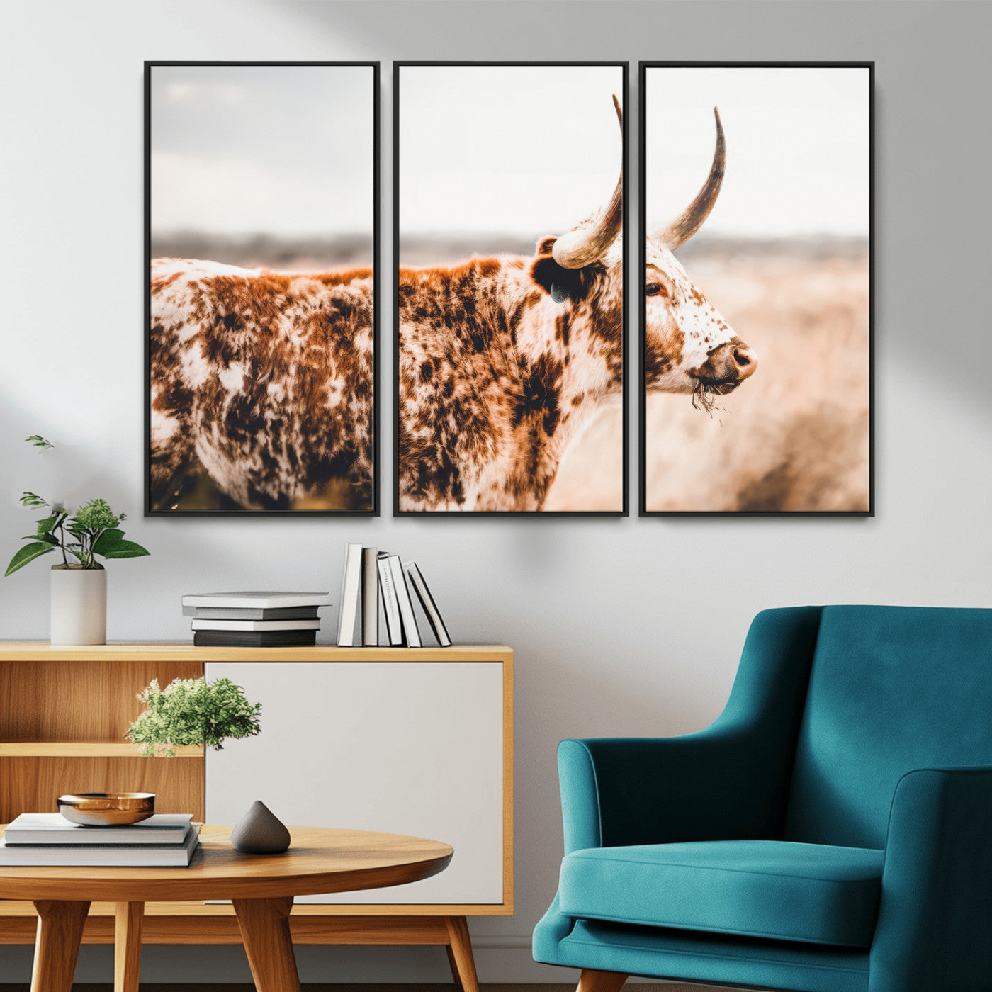 11528295-MGV-CV-36X24-Speckled Longhorn Wall Art Canvas Print, Framed Texas Cattle Art Picture Print, Horned Cow Perfect Rustic Western Decor Artwork