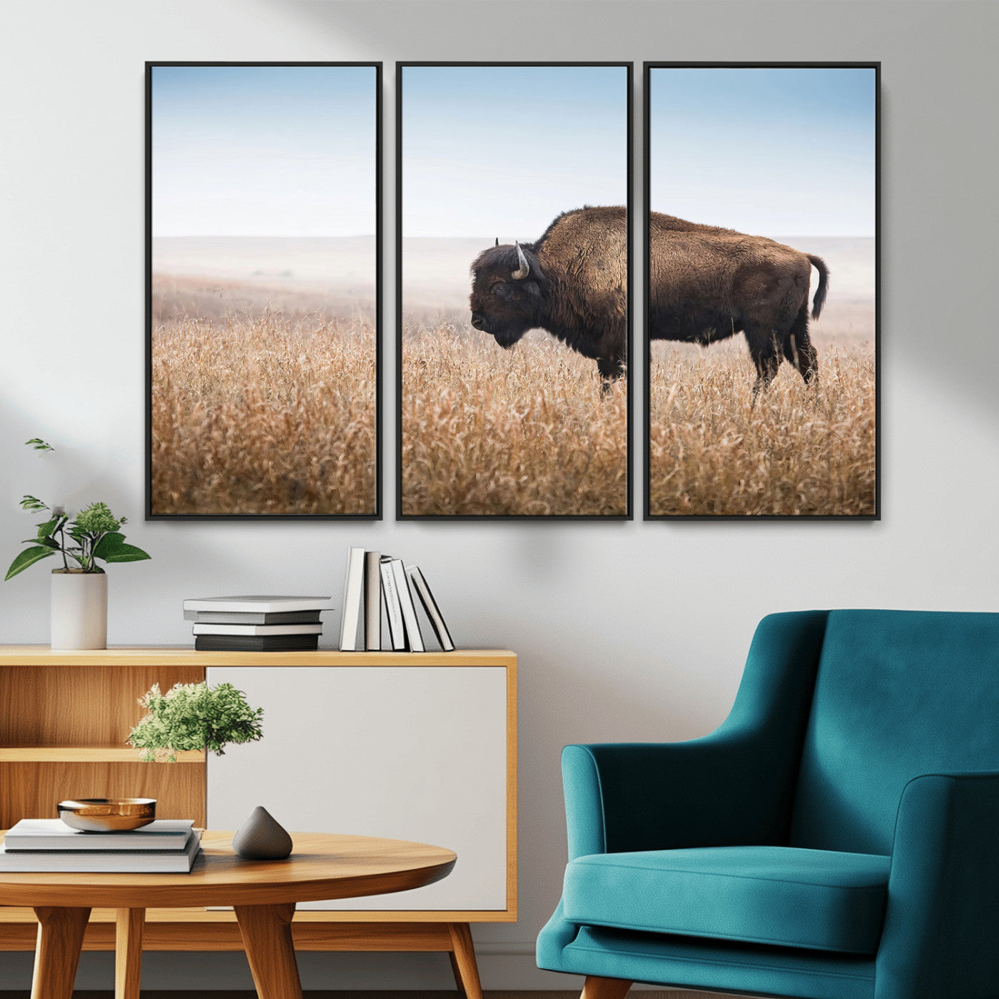 91267849-MGV-CV-36X24-Wild Bison Wall Art Canvas Print, Framed Bison in Prairie Art Picture Print, Rustic Western Perfect Rustic Western Decor Artwork