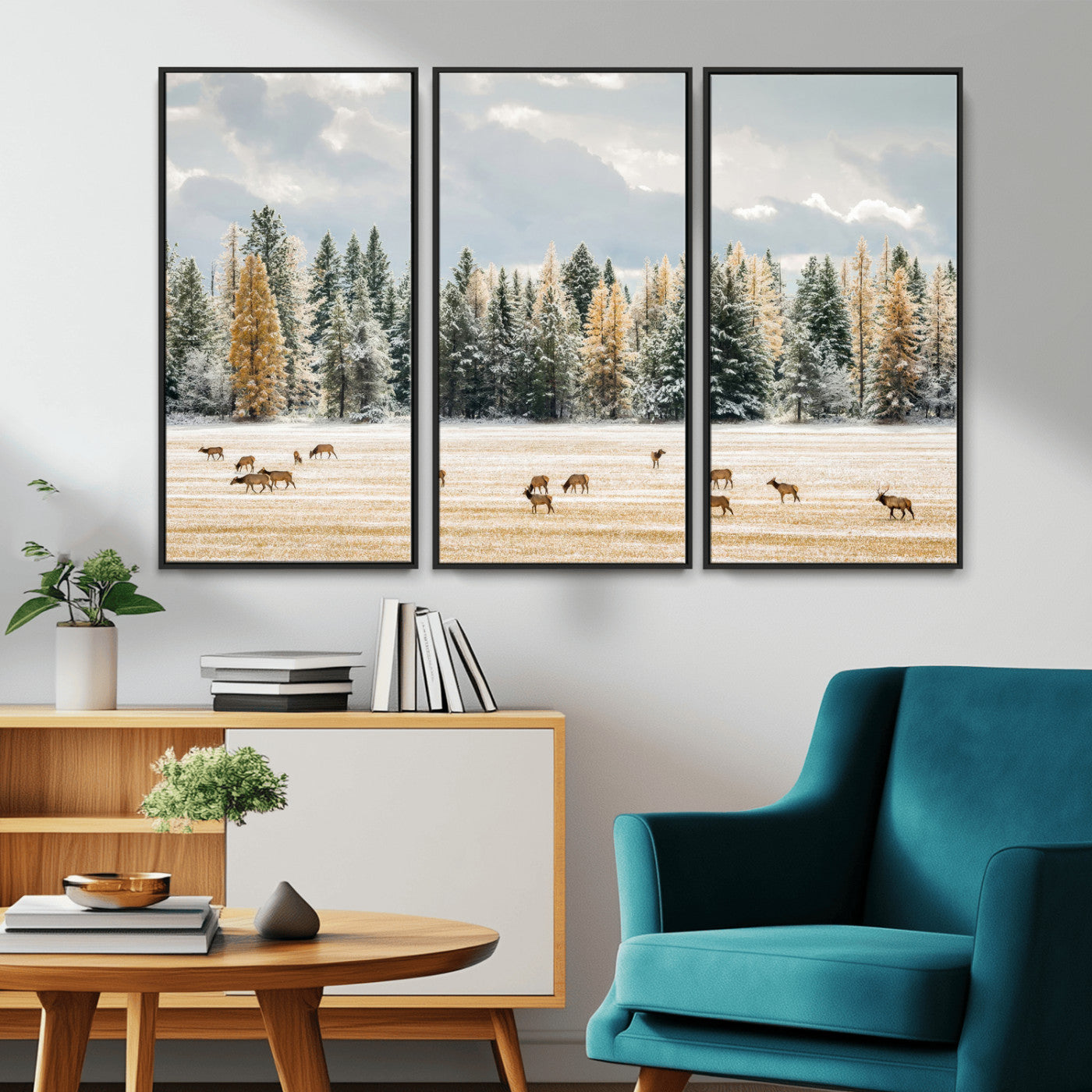 64188182-MGV-CV-36X24-Elk Herd Wall Art Canvas Print, Framed Snowy Forest Art Picture Print, Forest Elks Perfect Neutral Rustic Decor Artwork