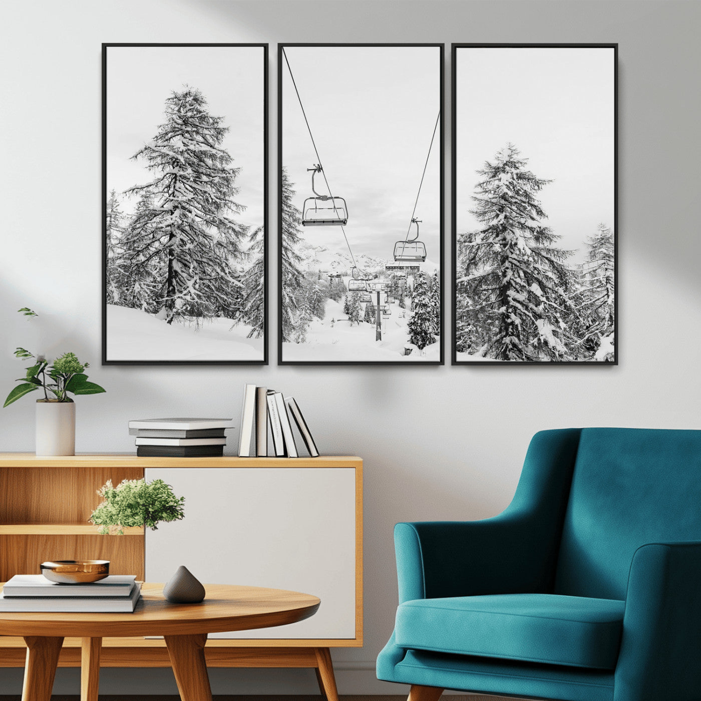 55003599-MGV-CV-36X24-Snowy Ski Lift Wall Art Canvas Print, Framed Winter Forest Art Picture Print, Ski lift Ride Perfect Winter Lodge Decor Artwork