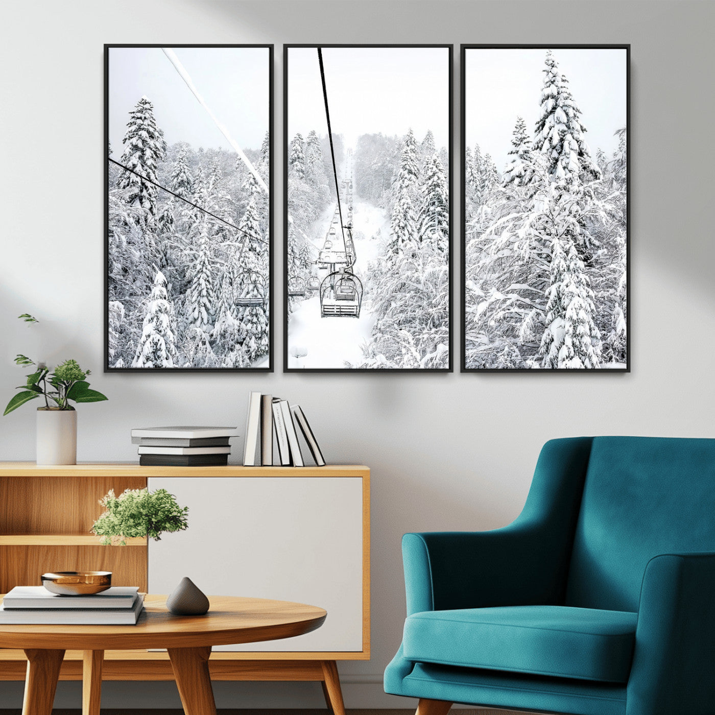 60296839-MGV-CV-36X24-Snowy Mountains Wall Art Canvas Print, Framed Ski Lift Art Picture Print, Winter Forest Perfect Winter Minimalist Decor Artwork