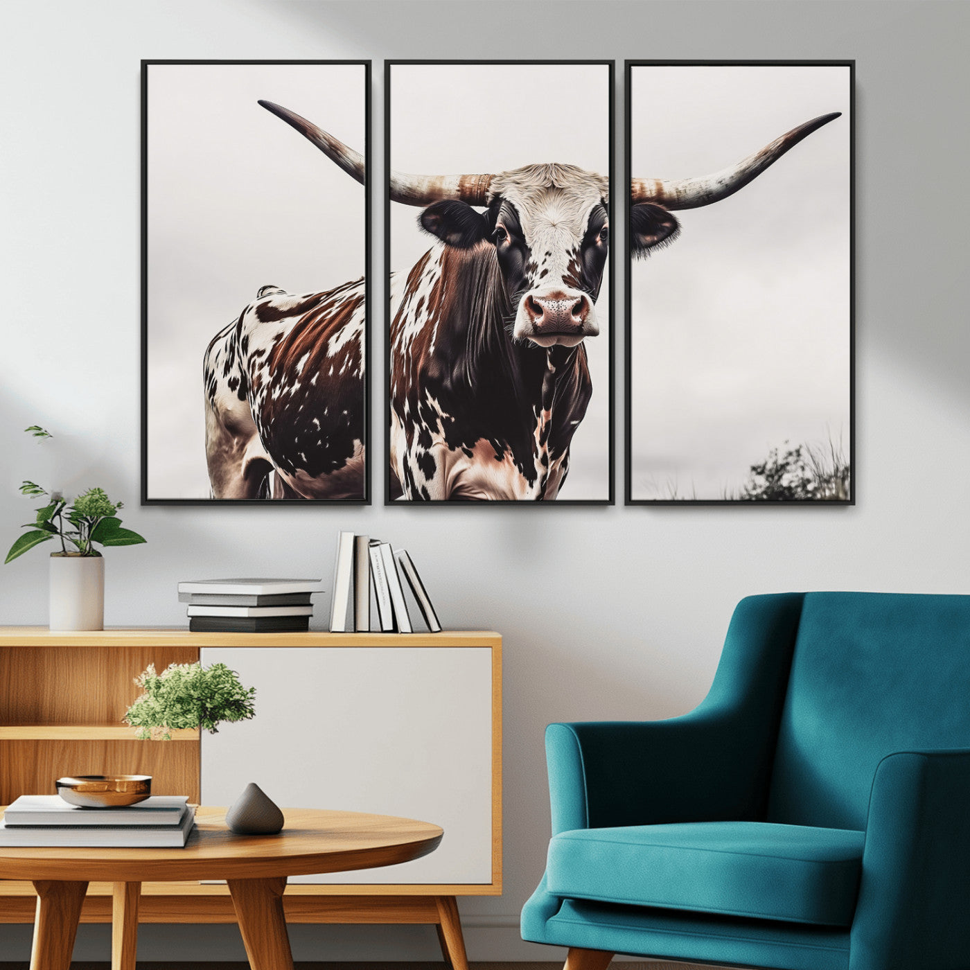 95249234-MGV-CV-36X24-Texas Longhorn Wall Art Canvas Print, Framed Spotted Bull Art Picture Print, Horned Cattle Perfect Rustic Farmhouse Decor Artwork