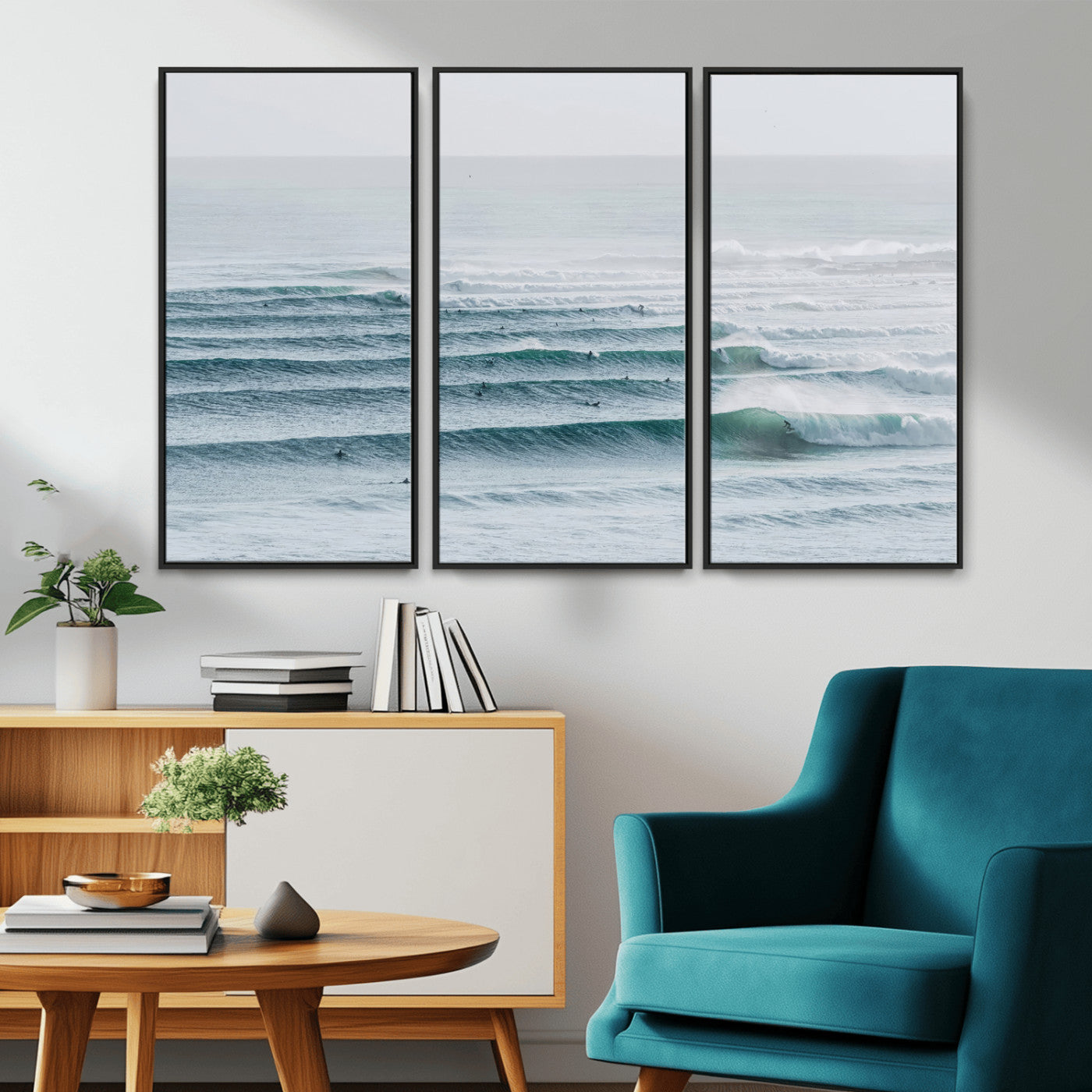73969318-MGV-CV-36X24-Ocean Waves Wall Art Canvas Print, Framed Surfer Lineup Art Picture Print, Crowded Ocean Perfect Minimal Coastal Decor Artwork