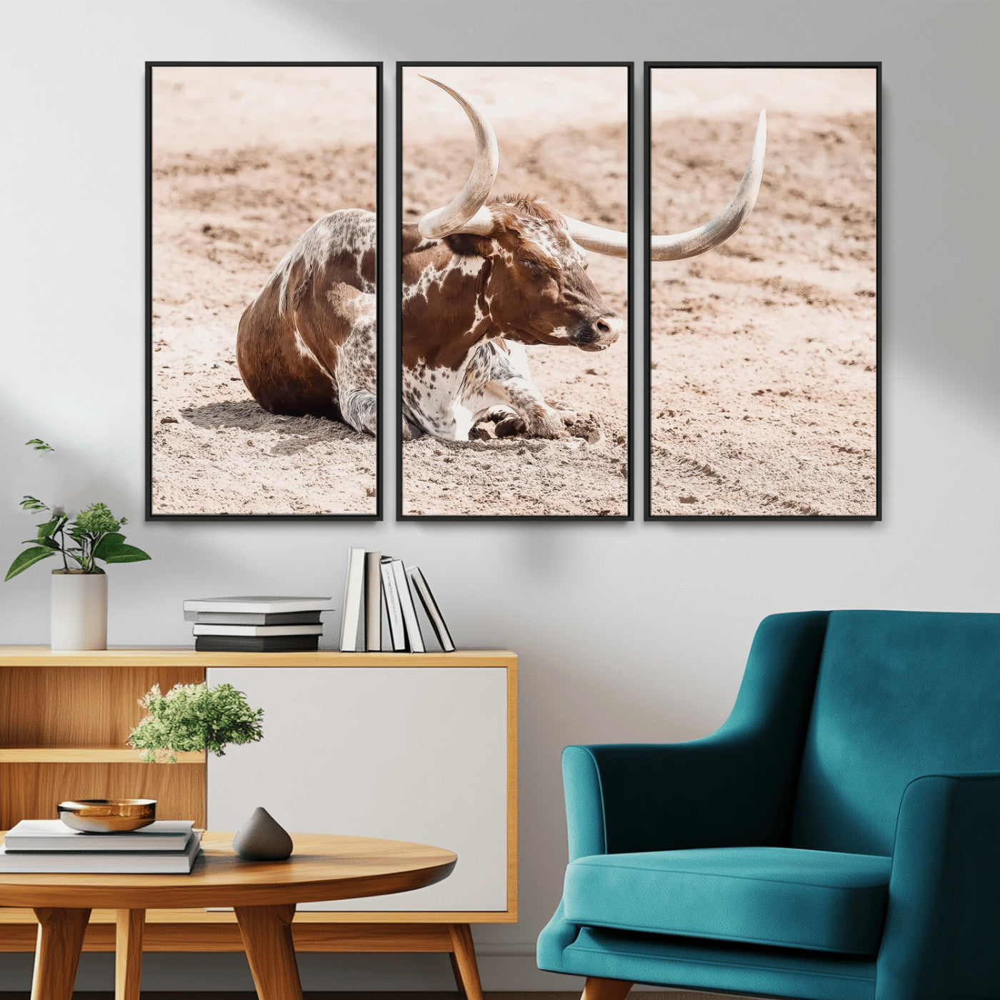 25407592-MGV-CV-36X24-Texas Longhorn Wall Art Canvas Print, Framed Resting Bull Art Picture Print, Spotted Cattle Perfect Rustic Western Decor Artwork