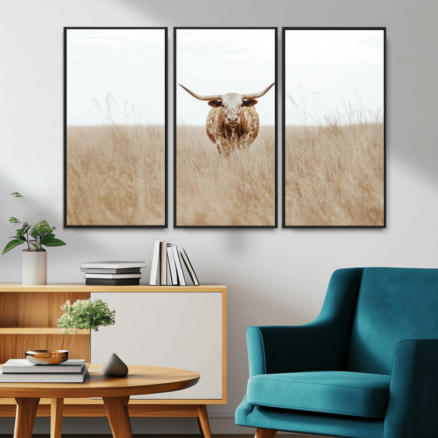 20927060-MGV-CV-36X24-Texas Longhorn Wall Art Canvas Print, Framed Lone Cattle Art Picture Print, Longhorn Bull Perfect Rustic Western Decor Artwork