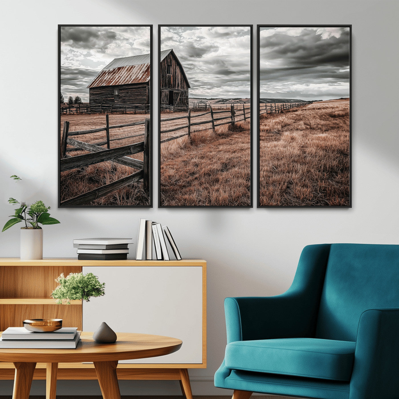 73898372-MGV-CV-36X24-Rustic Barn Wall Art Canvas Print, Framed Moody Field Art Picture Print, Weathered Fence Perfect Moody Farmhouse Decor Artwork