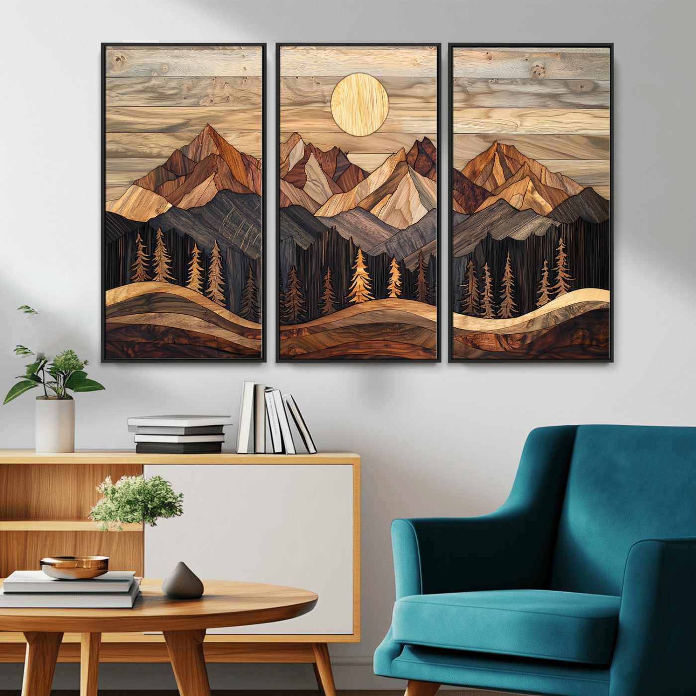 50100230-MGV-CV-36X24-Wooden Mountain Wall Art – Rustic Nature Landscape Canvas Print, Handmade Style Sun, Forest, and Peaks Artwork for Living Room,