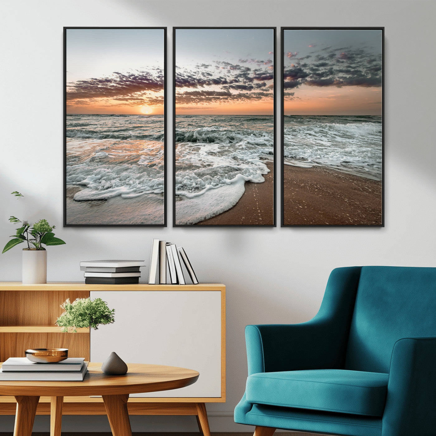 40632752-MGV-CV-36X24-Ocean Sunset Wall Art Canvas Print, Framed Beach Waves Art Picture Print, Coastal Scene Perfect Coastal Decor Artwork