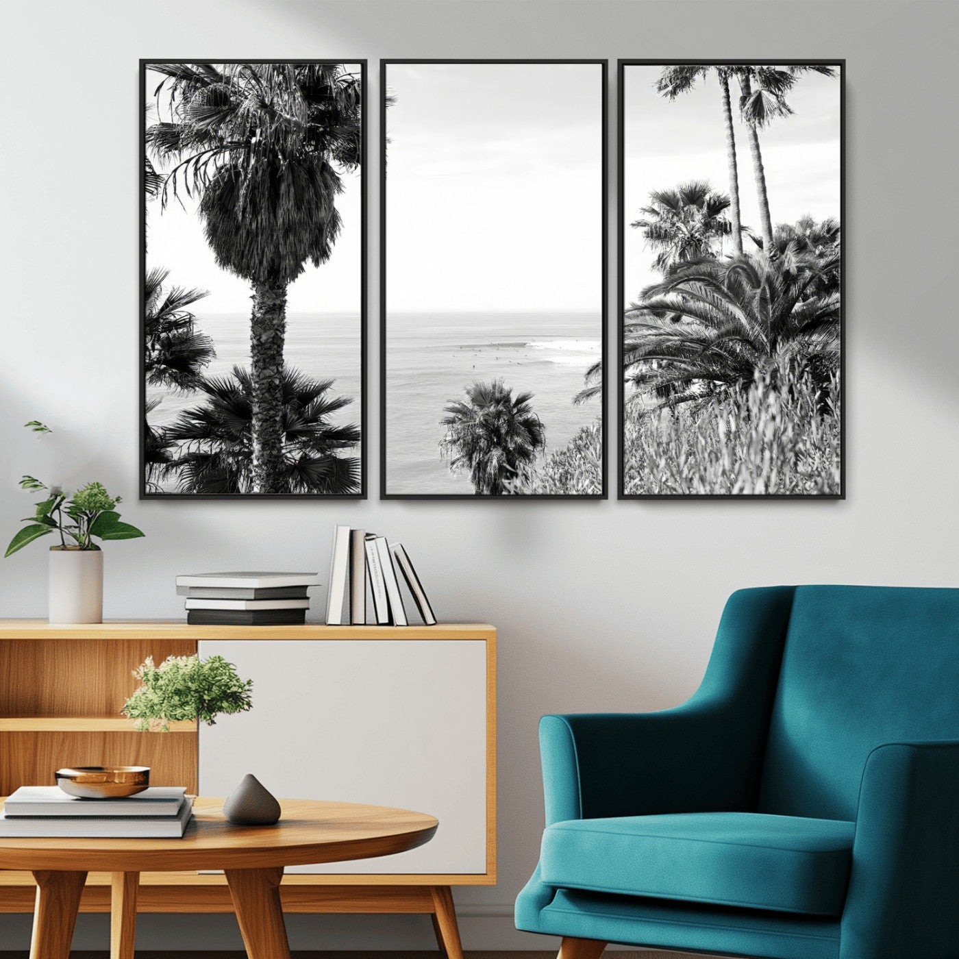 89458520-MGV-FC-48X32-3P_Black-Palm Trees Wall Art Canvas Print, Framed Coastal View Art Picture Print, Ocean Horizon Perfect Monochrome Coast Decor Artwork