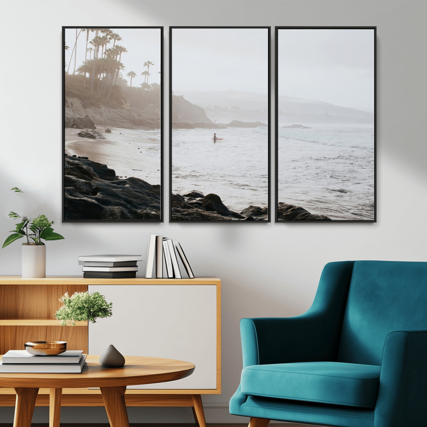 62501405-MGV-CV-36X24-Misty Beach Wall Art Canvas Print, Framed California Surfer Art Picture Print, Coastal Cliff Perfect Coastal Beach Decor Artwork