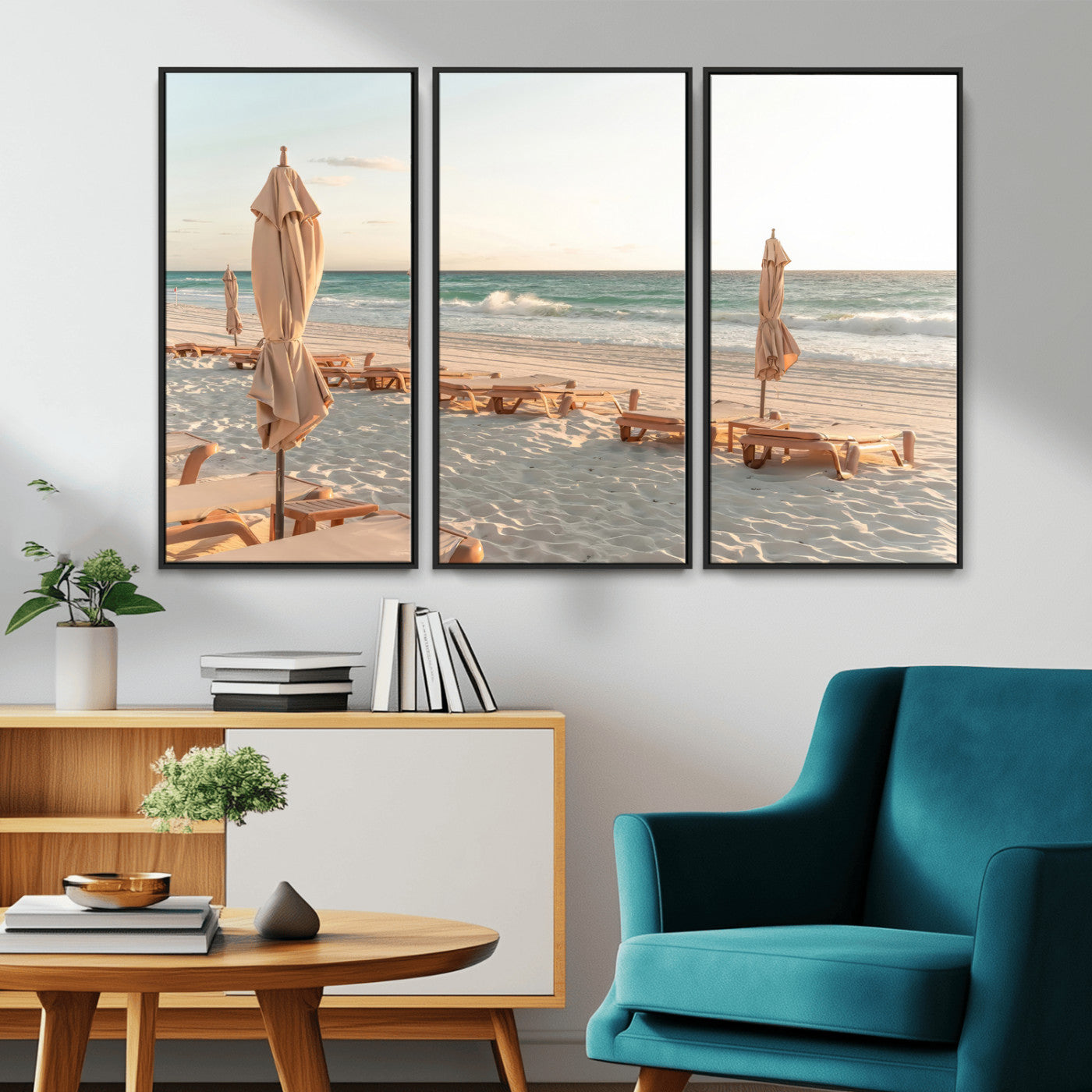 58507949-MGV-CV-36X24-Beach Umbrellas Wall Art Canvas Print, Framed Empty Loungers Art Picture Print, Soft Sand Perfect Minimalist Seaside Decor Artwork