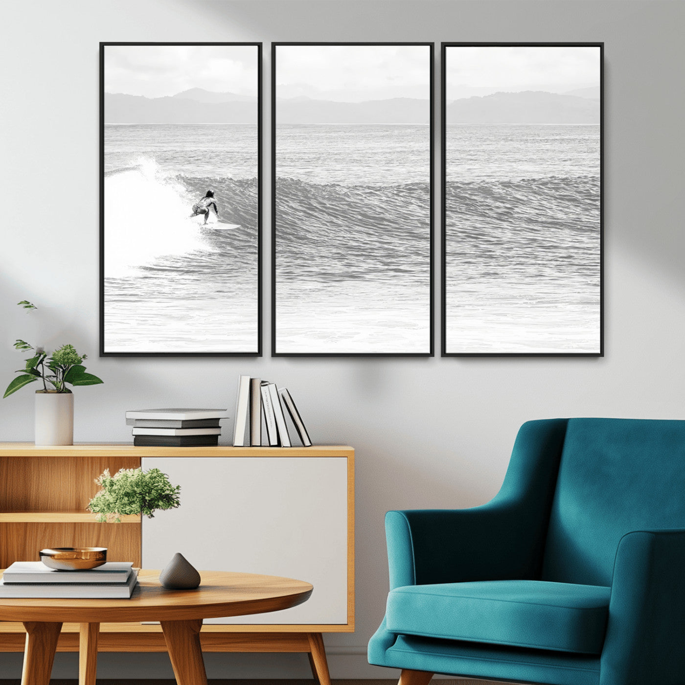 81535128-MGV-CV-36X24-Surfer Woman Wall Art Canvas Print, Framed Black Ocean Art Picture Print, Ocean Surfing Perfect Monochrome Coastal Decor Artwork