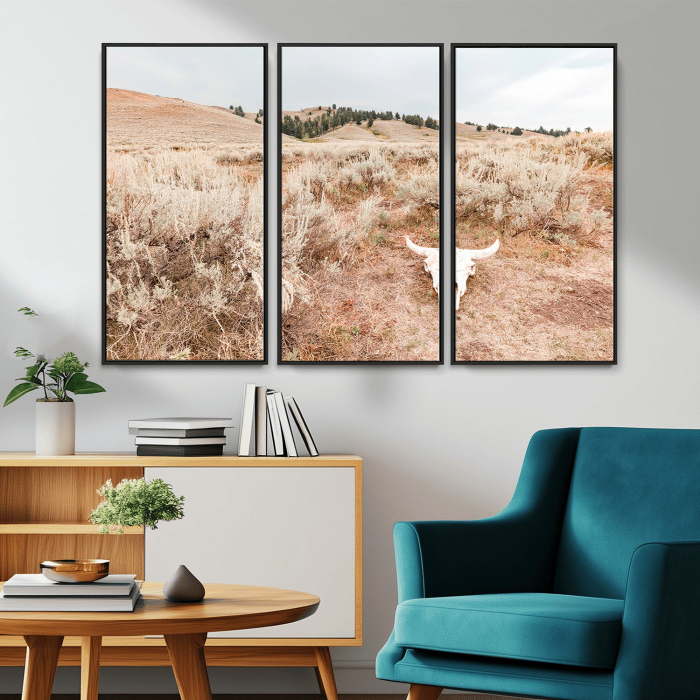 97234735-MGV-CV-36X24-Rustic Bones Wall Art Canvas Print, Framed Desert Sage Art Picture Print, Prairie Skull Perfect Minimal Rustic Decor Artwork