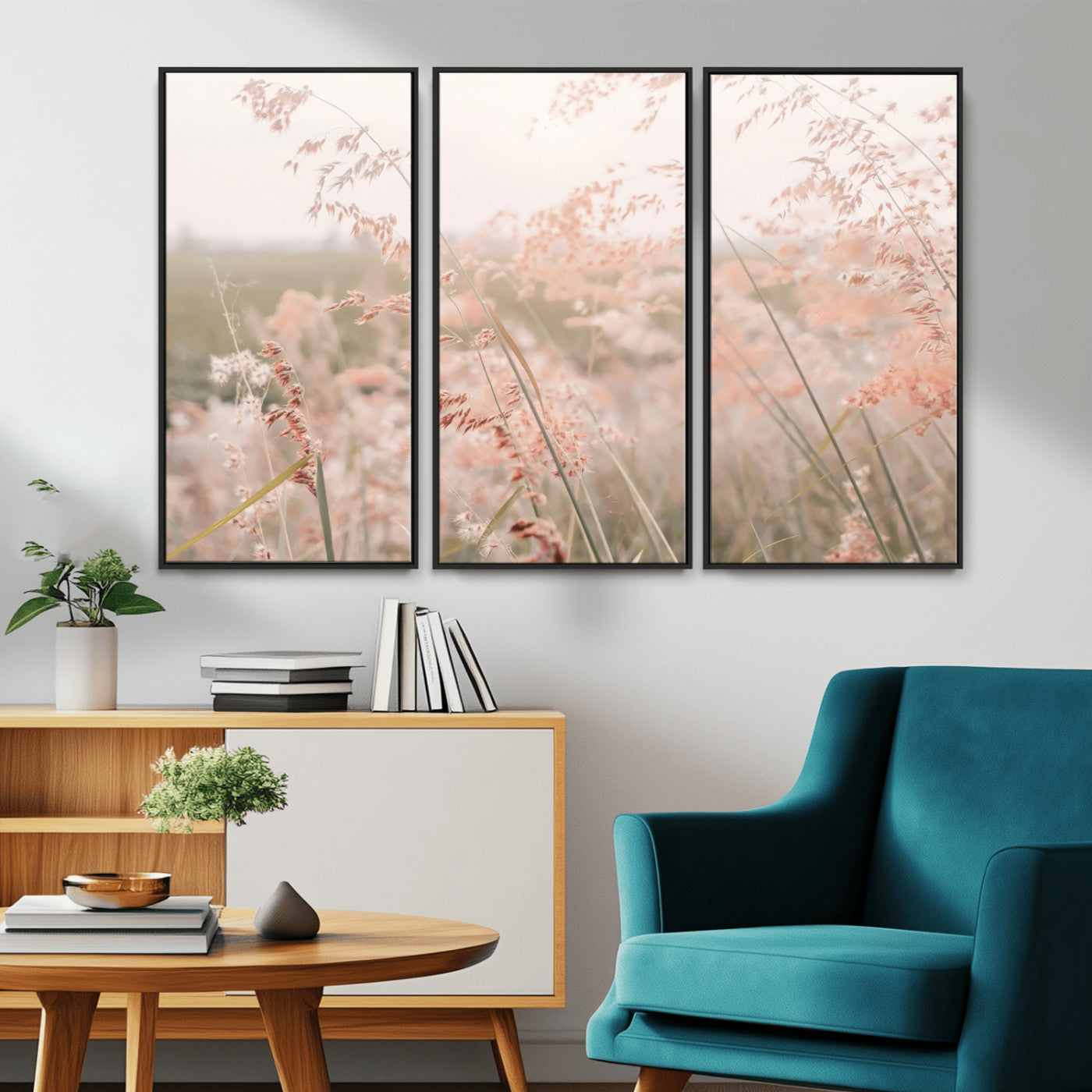 79164340-MGV-FC-48X32-3P_Black-Pastel Grasses Wall Art Canvas Print, Framed Soft Meadow Art Picture Print, Field in Breeze Perfect Pastel Minimal Decor Artwork
