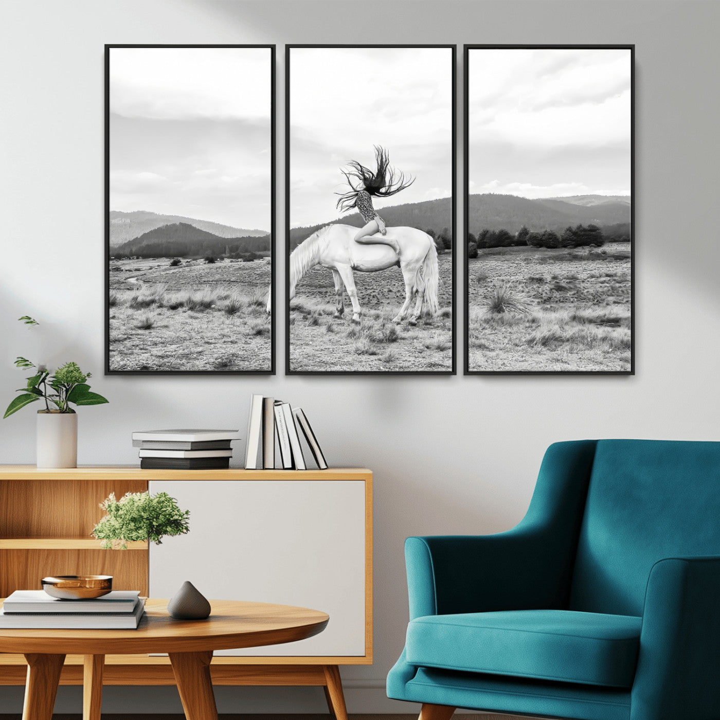 62789800-MGV-CV-36X24-White Horse Wall Art Canvas Print, Framed Woman Rider Art Picture Print, Equestrian Pose Perfect Western Boho Decor Artwork