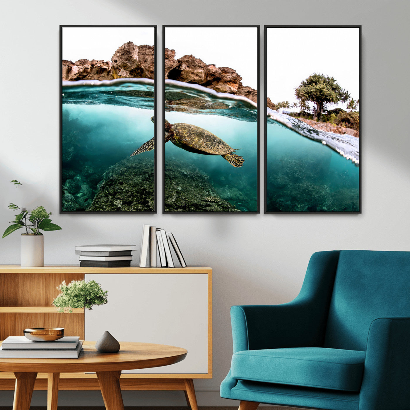 44200301-MGV-CV-36X24-Sea Turtle Swim Wall Art Canvas Print, Framed Ocean Life Art Picture Print, Tropical Shoreline Perfect Tropical Coastal Decor