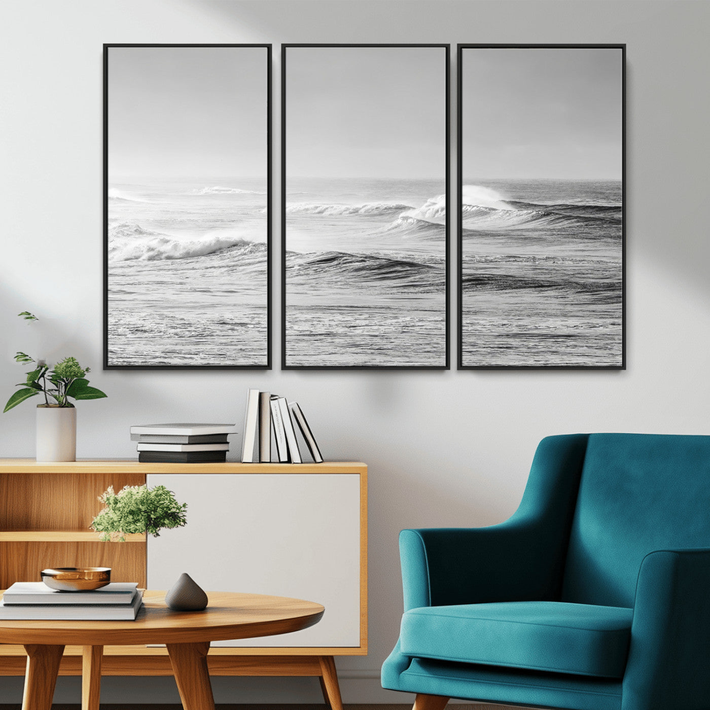 98634812-MGV-CV-36X24-Black and White Ocean Waves Wall Art – Minimalist Sea Canvas Print, Coastal Photography Decor for Living Room, Bedroom or Office