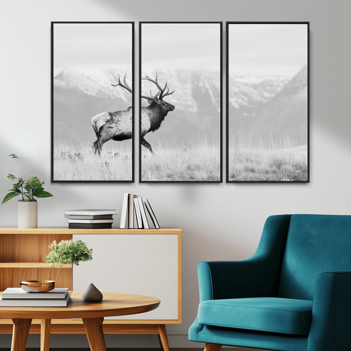 62278753-MGV-CV-36X24-Monochrome Elk Wall Art Canvas Print, Framed Mountain Wildlife Art Picture Print, Rustic Nature Perfect Rustic Minimalist Decor