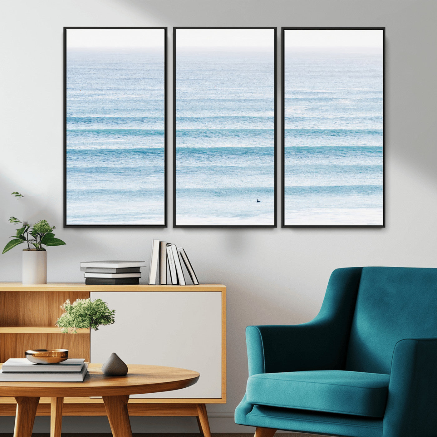 77145995-MGV-CV-36X24-Ocean Simplicity Wall Art Canvas Print, Framed Surfer on Water Art Picture Print, Light Blue Perfect Coastal Minimalist Decor