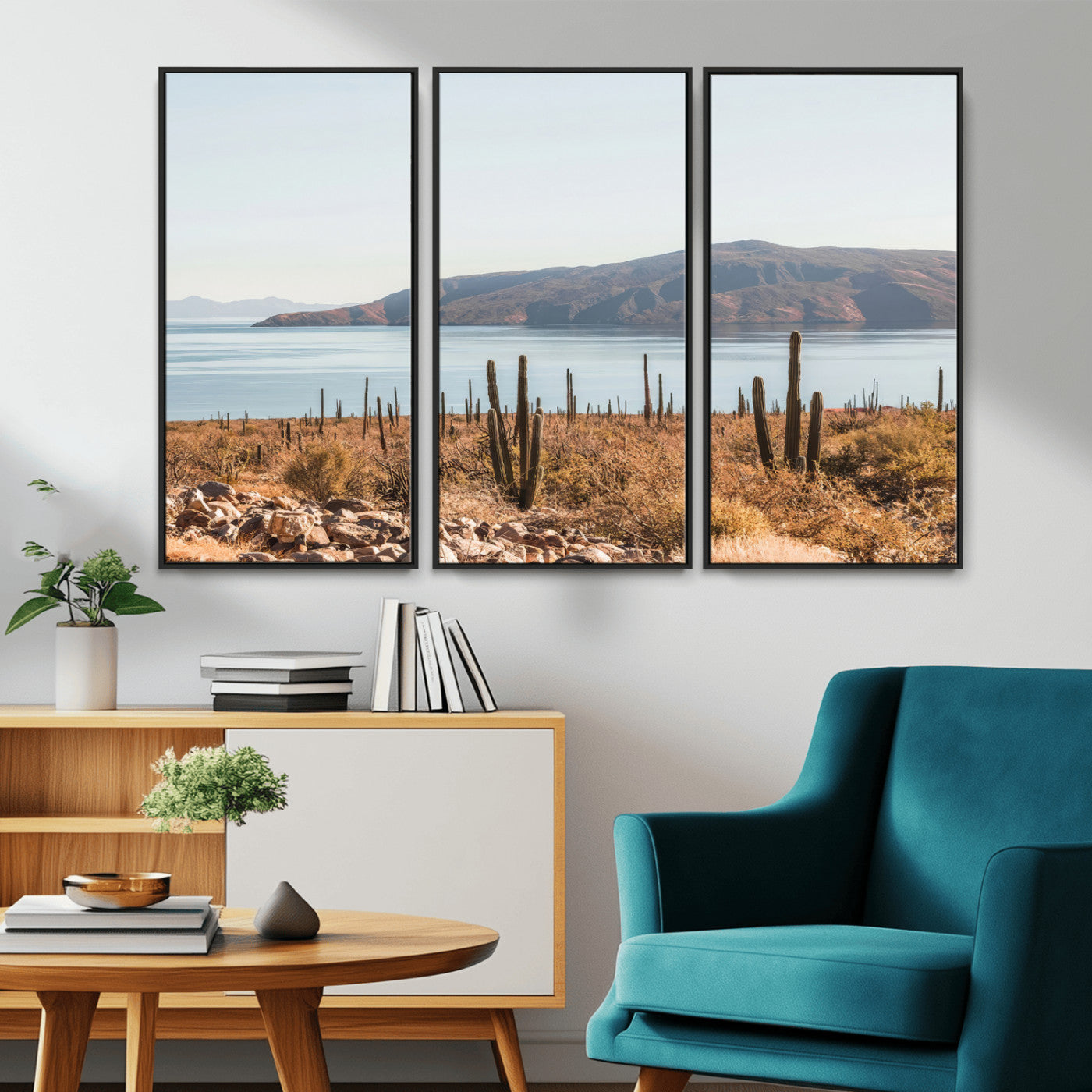 45193515-MGV-FC-48X32-3P_Black-Desert Cactus Wall Art Canvas Print, Framed Baja Coastline Art Picture Print, Coastal Desert Perfect Southwestern Minimalist Decor