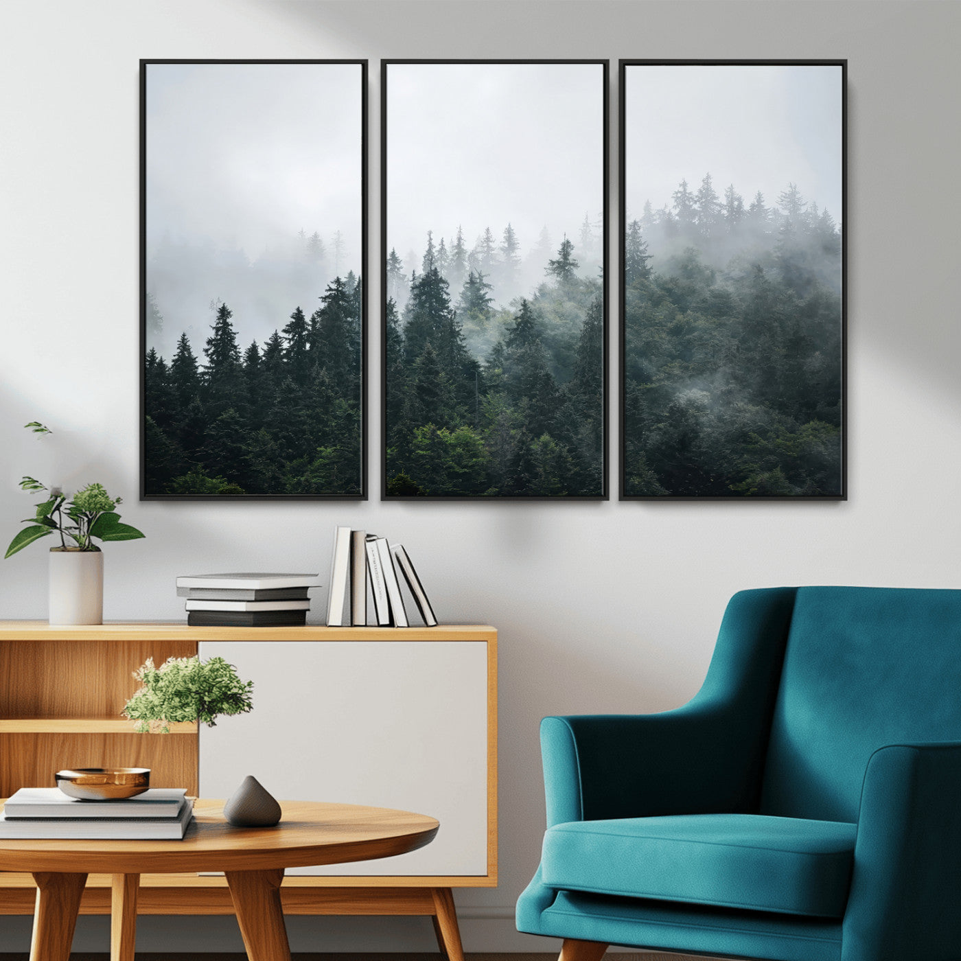 84146572-MGV-CV-36X24-Foggy Pine Trees Wall Art Canvas Print, Framed Forest Nature Art Picture Print, Evergreen Forest Perfect Scandinavian Minimalist