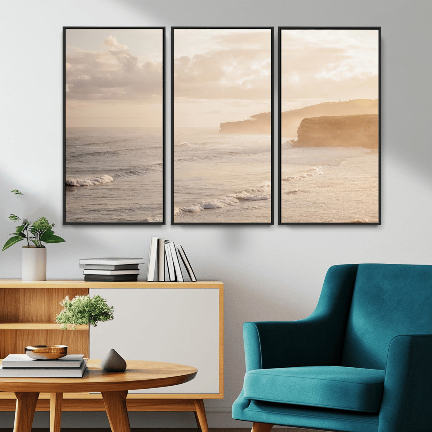57669769-MGV-CV-36X24-Misty Coastal Wall Art Canvas Print, Framed Golden Sunset Art Picture Print, Serene Shoreline Perfect Tranquil Coastal Decor