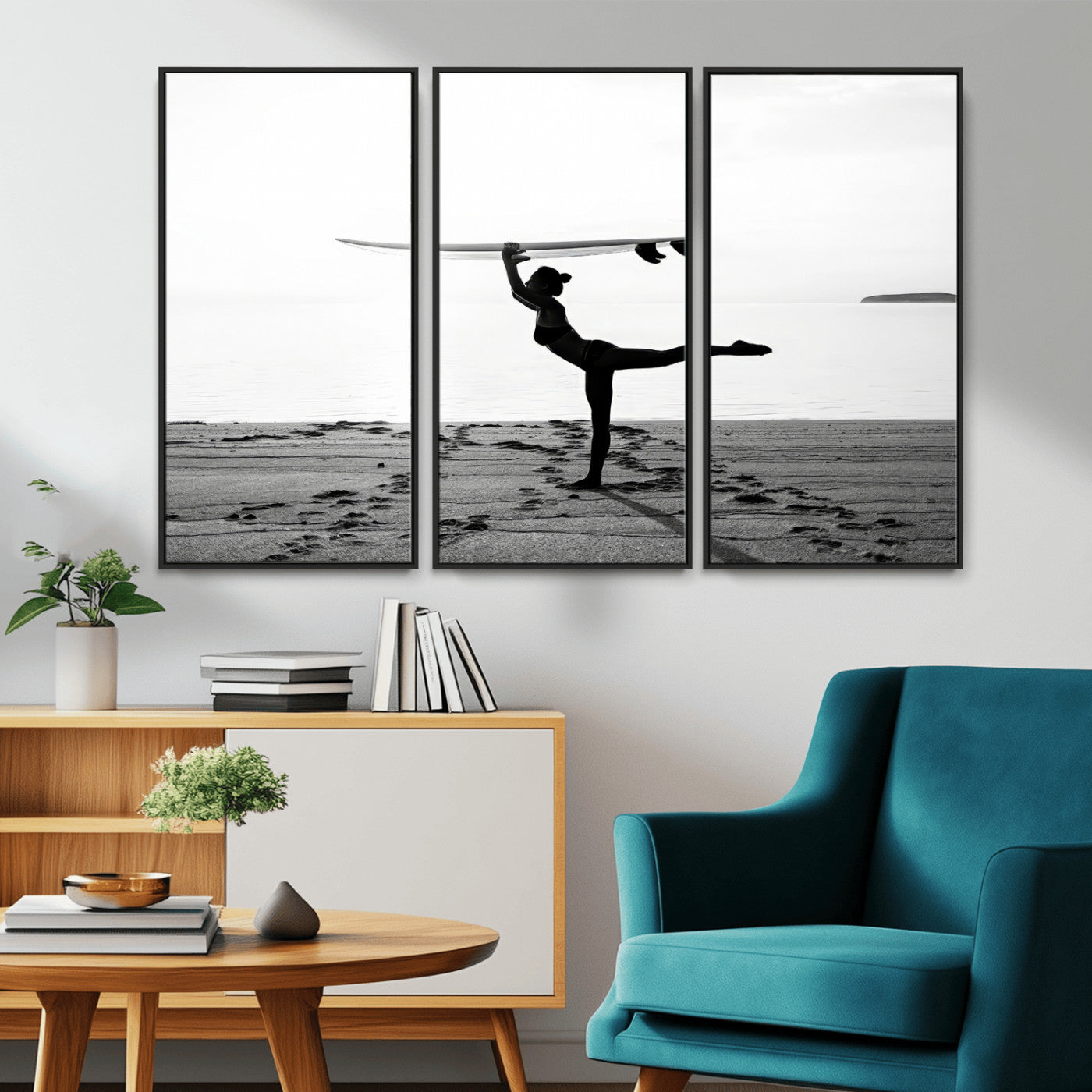 28441356-MGV-CV-36X24-Yoga Surf Wall Art Canvas Print, Framed Black White Shore Art Picture Print, Peaceful Ocean Perfect Minimalist Coastal Decor