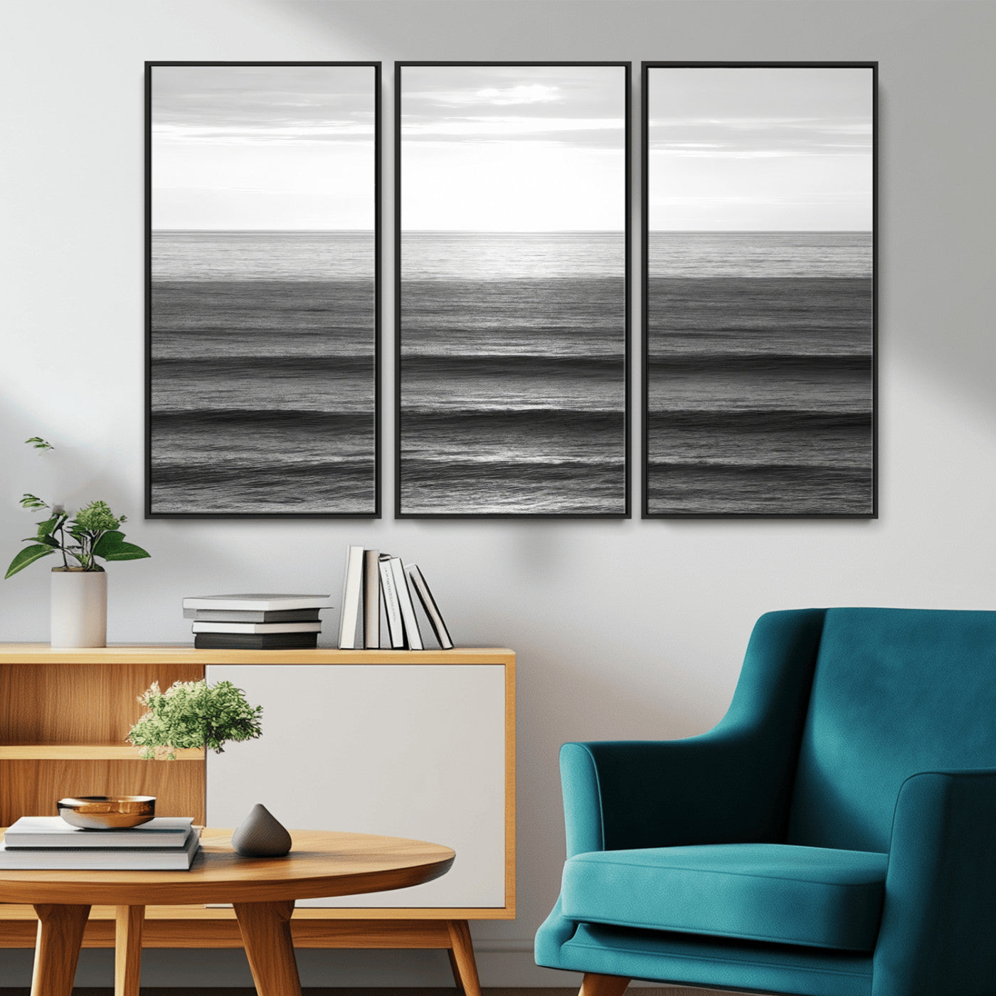 47305203-MGV-CV-36X24-Monochrome Ocean Wall Art Canvas Print, Framed Moody Ocean Art Picture Print, Calm Ocean Perfect Minimalist Coastal Decor Artwork