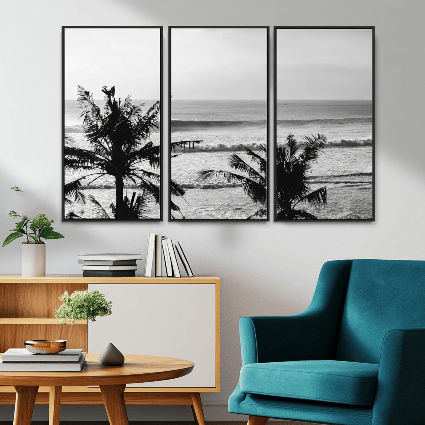 17508038-MGV-CV-36X24-Tropical Coastline Wall Art Canvas Print, Framed Palm Trees Art Picture Print, Ocean Waves Perfect Minimalist Coastal Decor