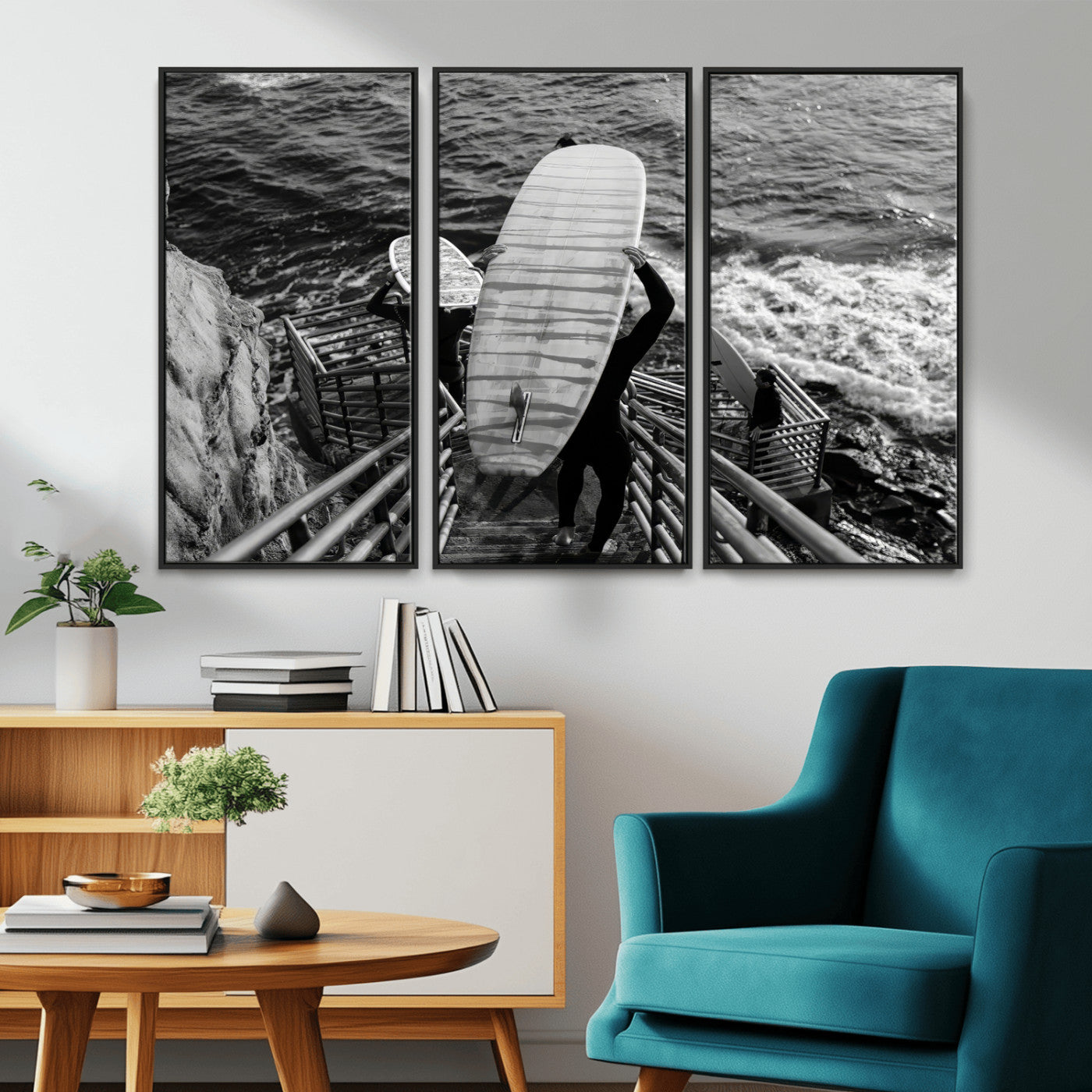 32353707-MGV-CV-36X24-Black White Surfing Wall Art Canvas Print, Framed Coastal Surfing Art Picture Print, Wave Riders Perfect Coastal Adventure Decor