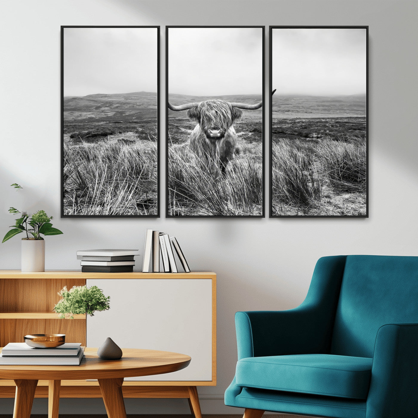 24051061-MGV-CV-36X24-Monochrome Highland Cow Wall Art Canvas Print, Framed Scottish Bull Art Picture Print, Lone Cattle Perfect Rustic Farmhouse Decor