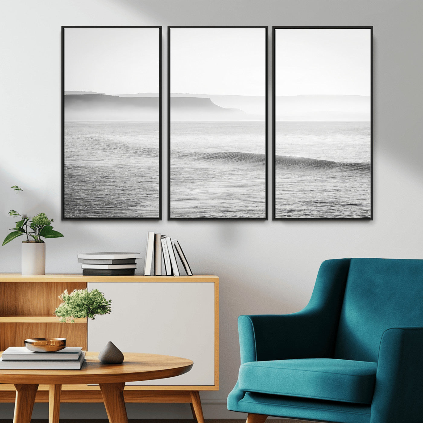 60635783-MGV-CV-36X24-Black White Seascape Wall Art Canvas Print, Framed Ocean Waves Art Picture Print, Misty Coastal Perfect Minimalist Coastal Decor