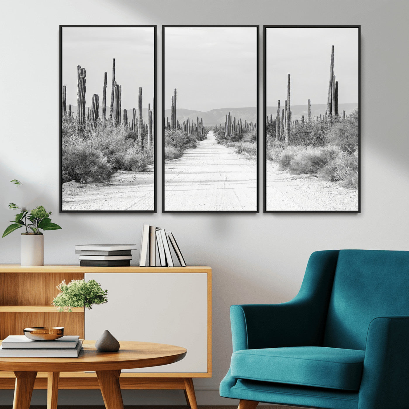 35537313-MGV-CV-36X24-Monochrome Desert Wall Art Canvas Print, Framed Cactus Path Art Picture Print, Southwestern Landscape Perfect Southwestern