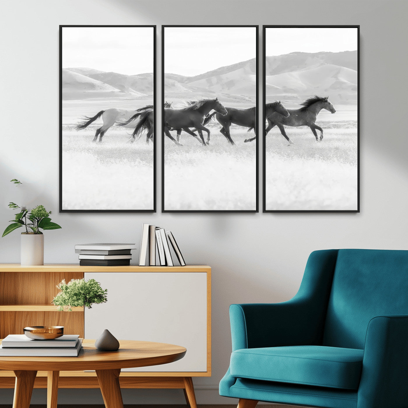69934913-MGV-CV-36X24-Wild Horses Running Wall Art Canvas Print, Framed Black White Mustangs Art Picture Print, Rustic Western Perfect Rustic Western