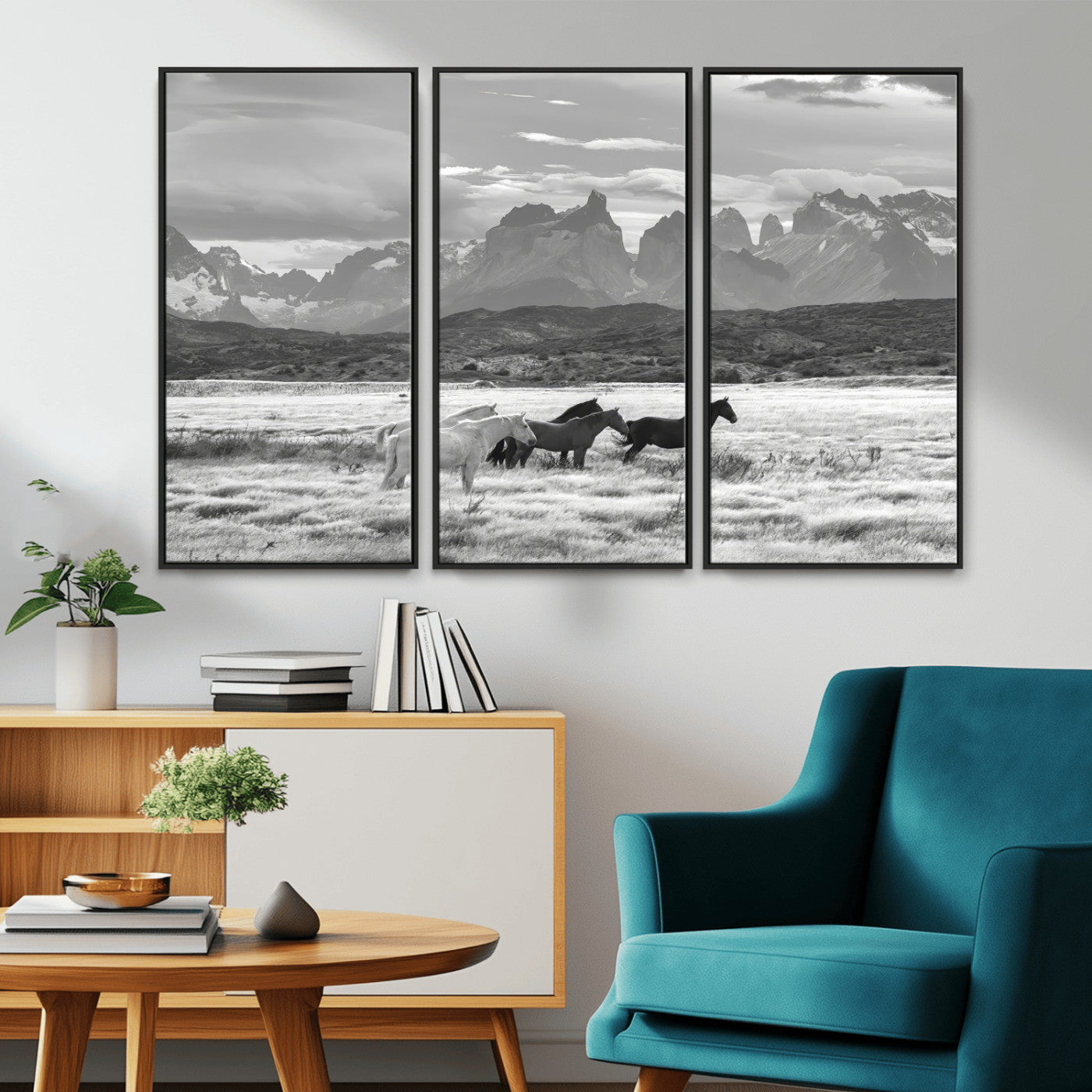 21655040-MGV-CV-36X24-Wild Horses Wall Art Canvas Print, Framed Black White Mountains Art Picture Print, Rustic Countryside Perfect Rustic Western Decor