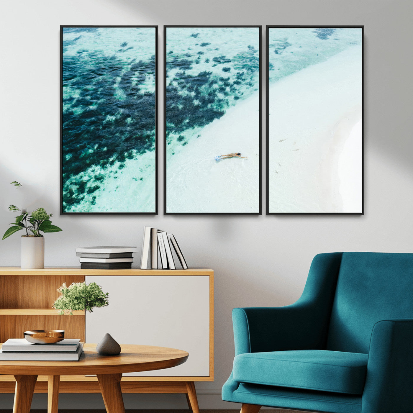 33764764-MGV-CV-36X24-Minimal Beach Wall Art Canvas Print, Framed Ocean Swimming Art Picture Print, Clear Ocean Perfect Minimal Coastal Decor Artwork