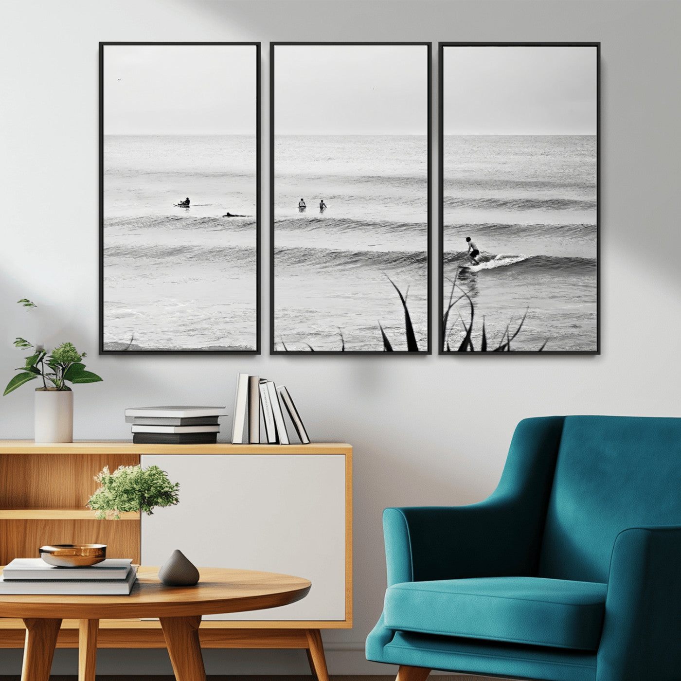 33821421-MGV-CV-36X24-Surfer Silhouette Wall Art Canvas Print, Framed Calm Ocean Art Picture Print, Monochrome Surf Perfect Minimalist Coastal Decor