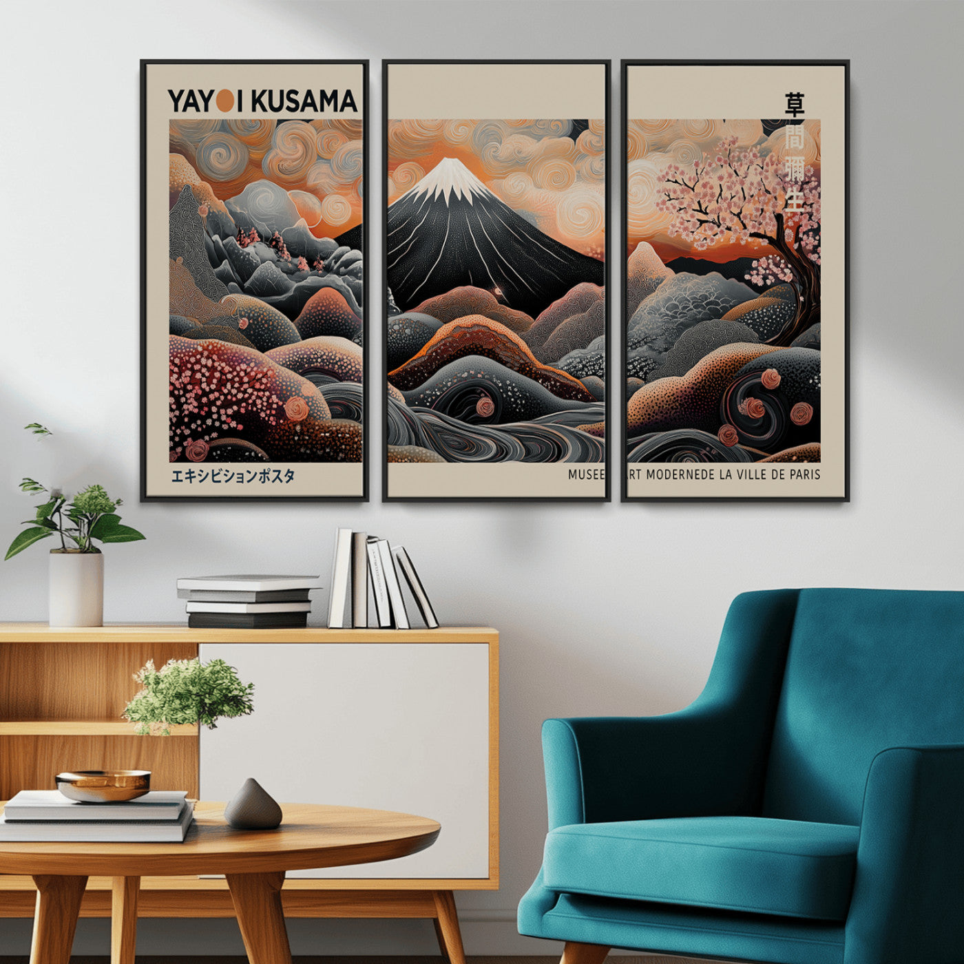 55739266-MGV-CV-36X24-Japanese Wall Art Print – Abstract Yayoi Kusama Inspired Dotted Landscape Poster, Surreal Oriental Mountain and Cherry Blossom