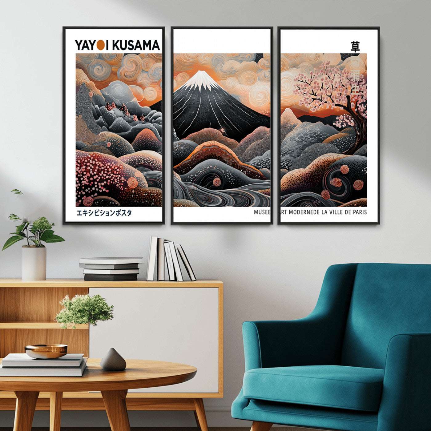 63125329-MGV-FC-48X32-3P_Black-Japanese Mt Fuji Wall Art – Surreal Ukiyo e Style Cherry Blossom Poster, Swirling Cloud Landscape Print, Modern Oriental Asian