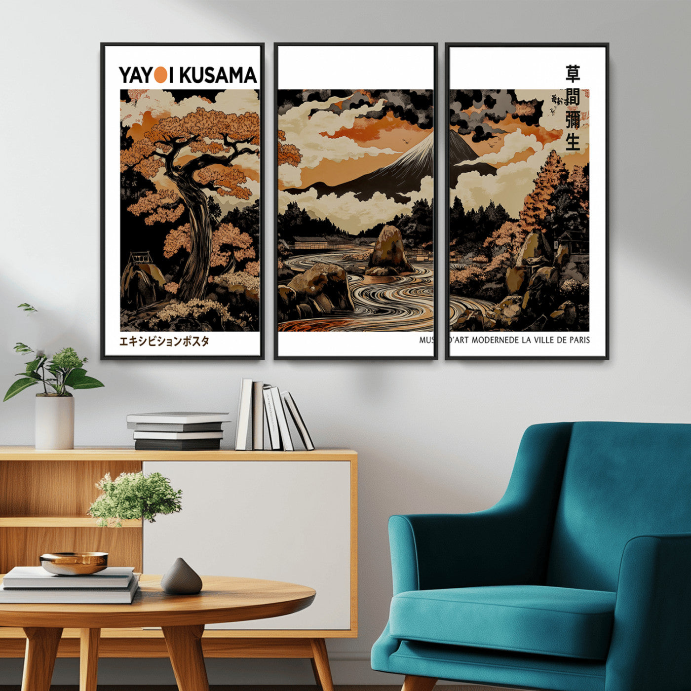 96372548-MGV-CV-36X24-Japanese Landscape Wall Art Print – Mt. Fuji Poster with Bonsai Tree & River, Ukiyo-e Inspired Modern Japanese Artwork, Autumn