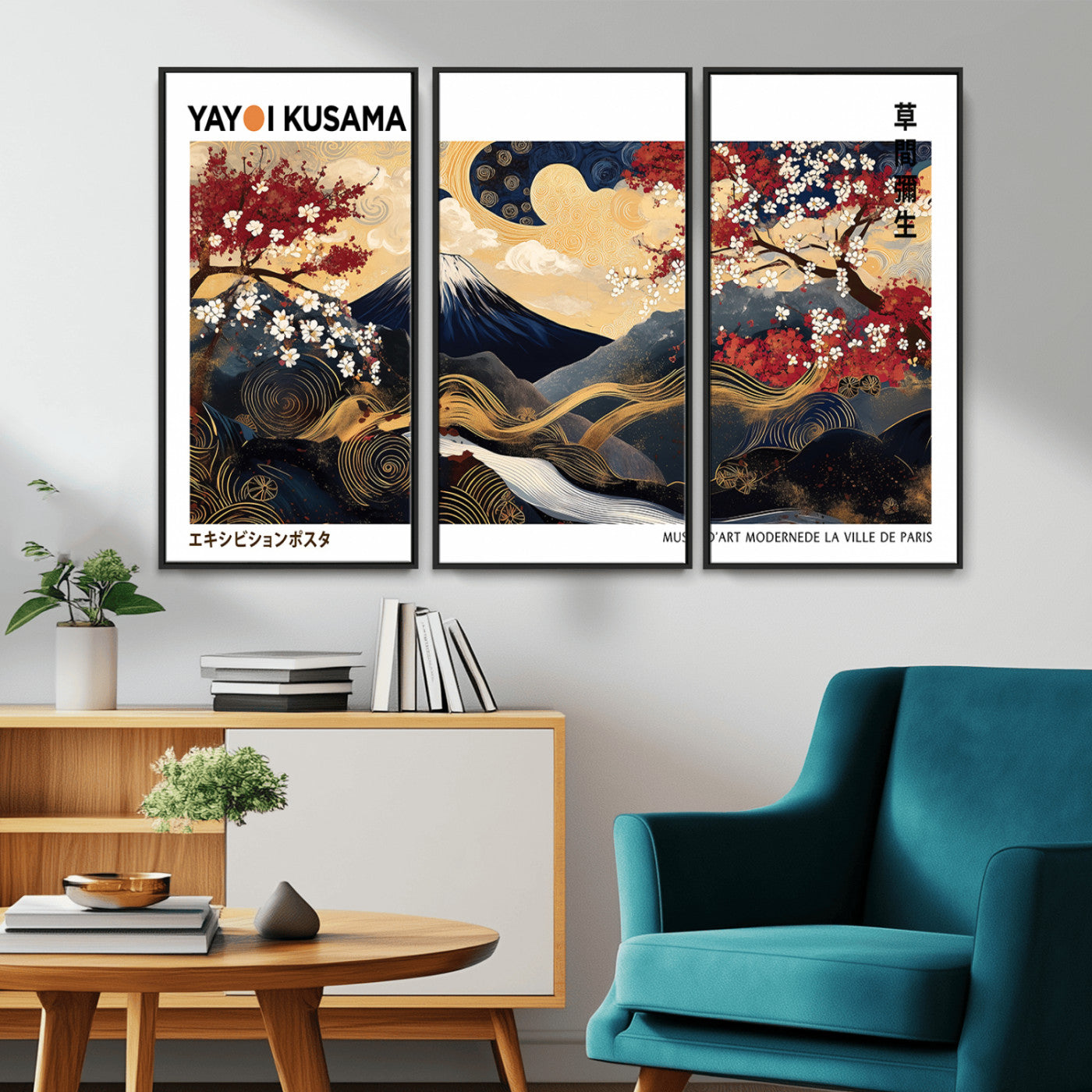 66243961-MGV-CV-36X24-Mount Fuji Japanese Wall Art – Golden Abstract Landscape Canvas Print, Cherry Blossom Painting, Modern Oriental Zen Home Decor