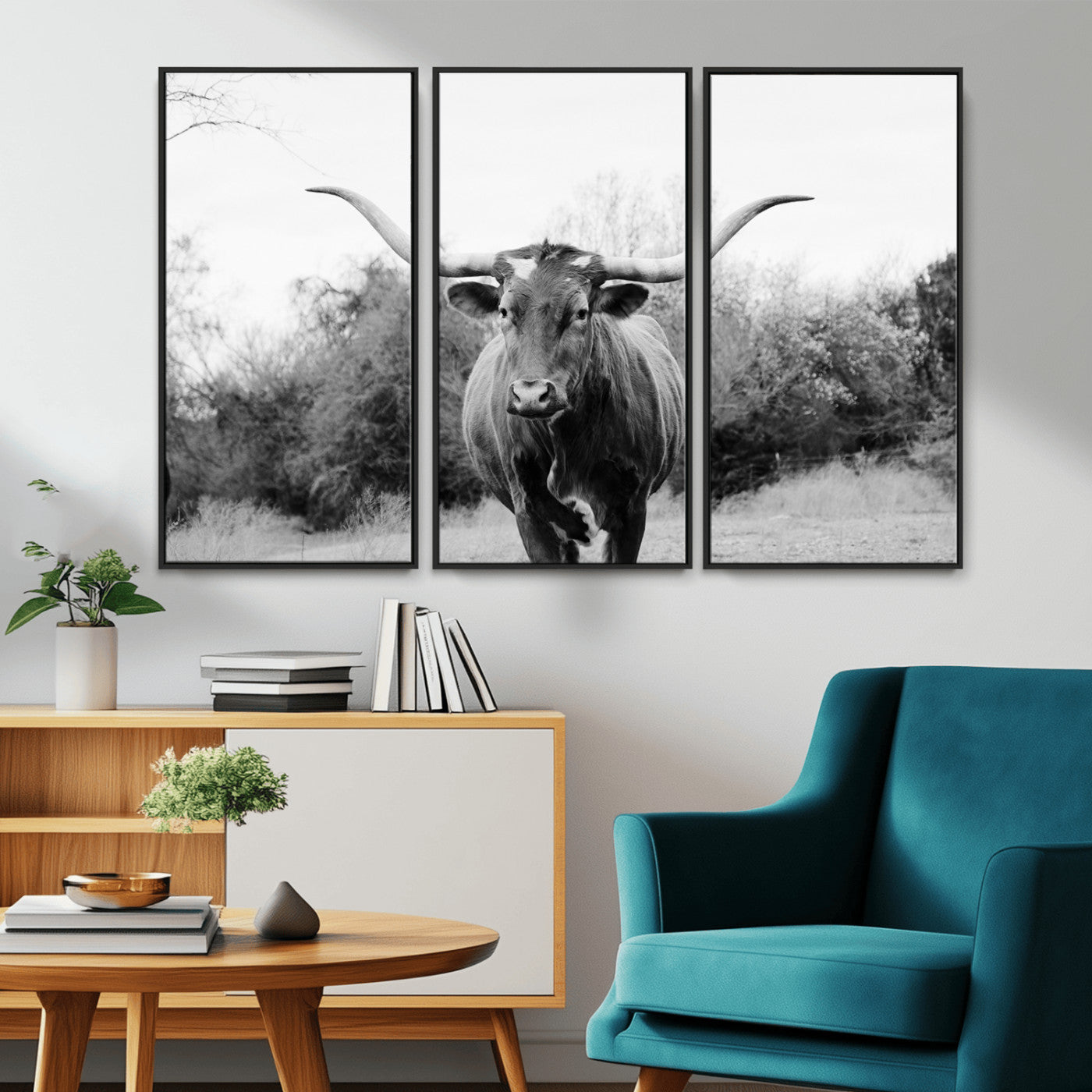 97280319-MGV-CV-36X24-Longhorn Photography Wall Art Canvas Print, Framed Western Cow Decor Art Picture Print, Texas Ranch Style Perfect Rustic Farmhouse