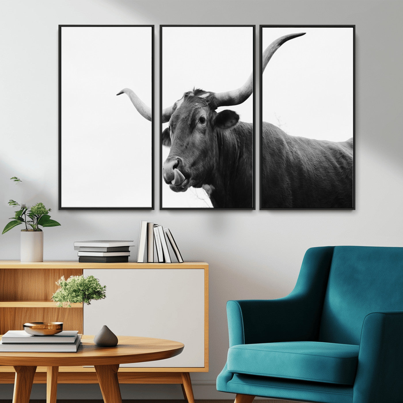 99244177-MGV-CV-36X24-Longhorn Photography Wall Art Canvas Print, Framed Western Cow Decor Art Picture Print, Black White Bull Perfect Modern Rustic