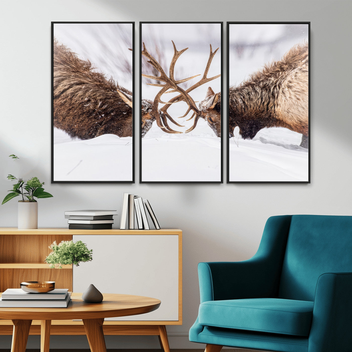 36507609-MGV-CV-36X24-Elk Clash Scene Wall Art Canvas Print, Framed Wildlife Strength Decor Art Picture Print, Snowy Forest Elk Perfect Rustic Lodge