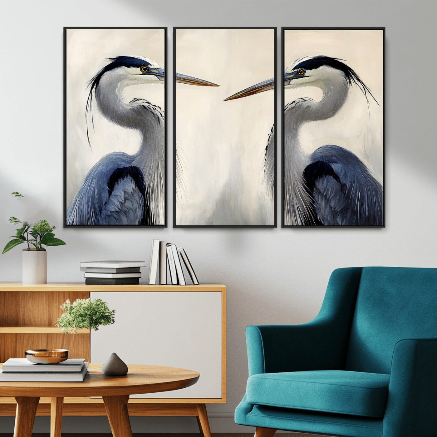 18230556-MGV-CV-36X24-Blue Heron Pair Wall Art Canvas Print, Framed Coastal Bird Theme Art Picture Print, Tranquil Wildlife Scene Perfect Coastal