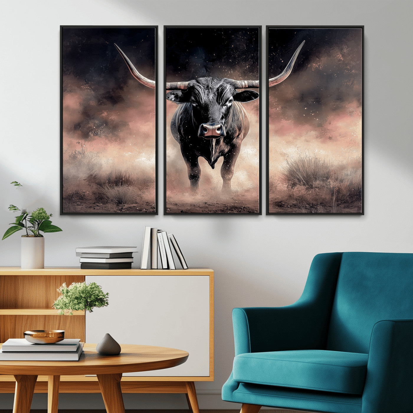 71457818-MGV-CV-36X24-Longhorn Wall Art Wall Art Canvas Print, Framed Western Bull Canvas Art Picture Print, Rustic Cow Decor Perfect Western Dramatic