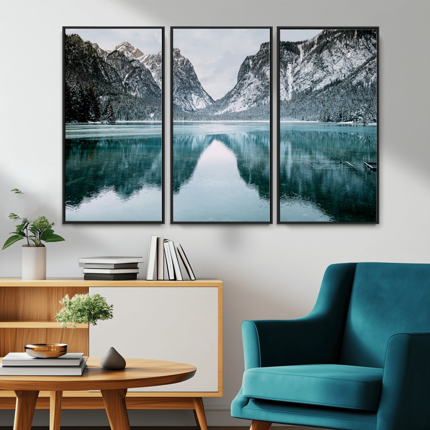 73098373-MGV-CV-36X24-Mountain Lake Wall Art Canvas Print, Framed Winter Wonderland Art Picture Print, Snowy Peaks Perfect Modern Nature Decor Artwork