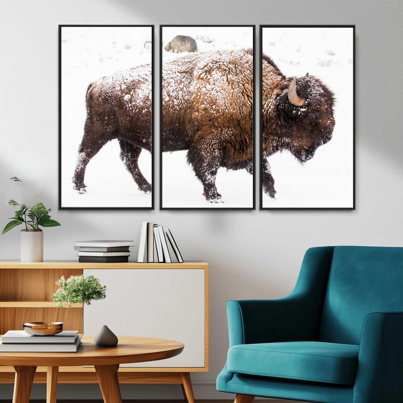 94261165-MGV-CV-36X24-Snowy Buffalo Wall Art Canvas Print, Framed Wildlife Photography Art Picture Print, Brown Tones Perfect Rustic Lodge Decor Decor