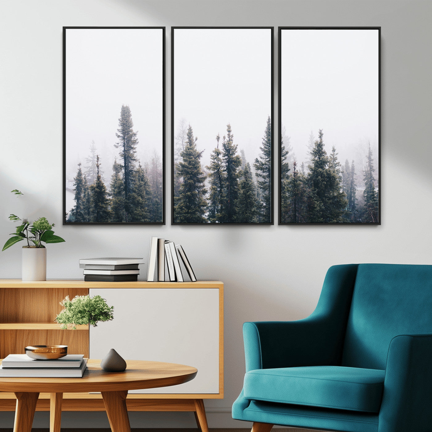 42364796-MGV-CV-36X24-Foggy Forest Wall Art Canvas Print, Framed Misty Pines Art Picture Print, Moody Woodland Perfect Scandinavian Minimalist Decor